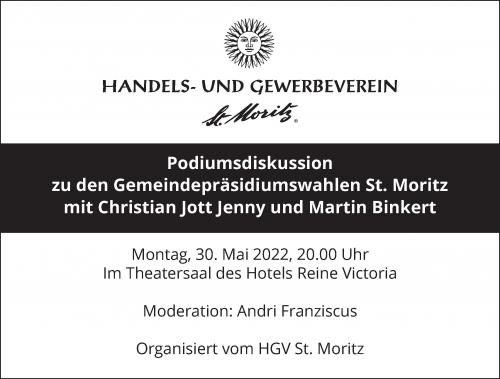 Podiumsdiskussion zu den Gemeindepräsidiumswahlen St. Moritz mit Christian Jott Jenny und Martin Binkert